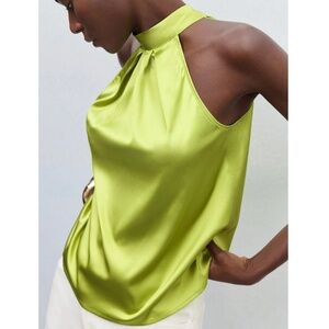 Green Satin Halter Blouse Top
